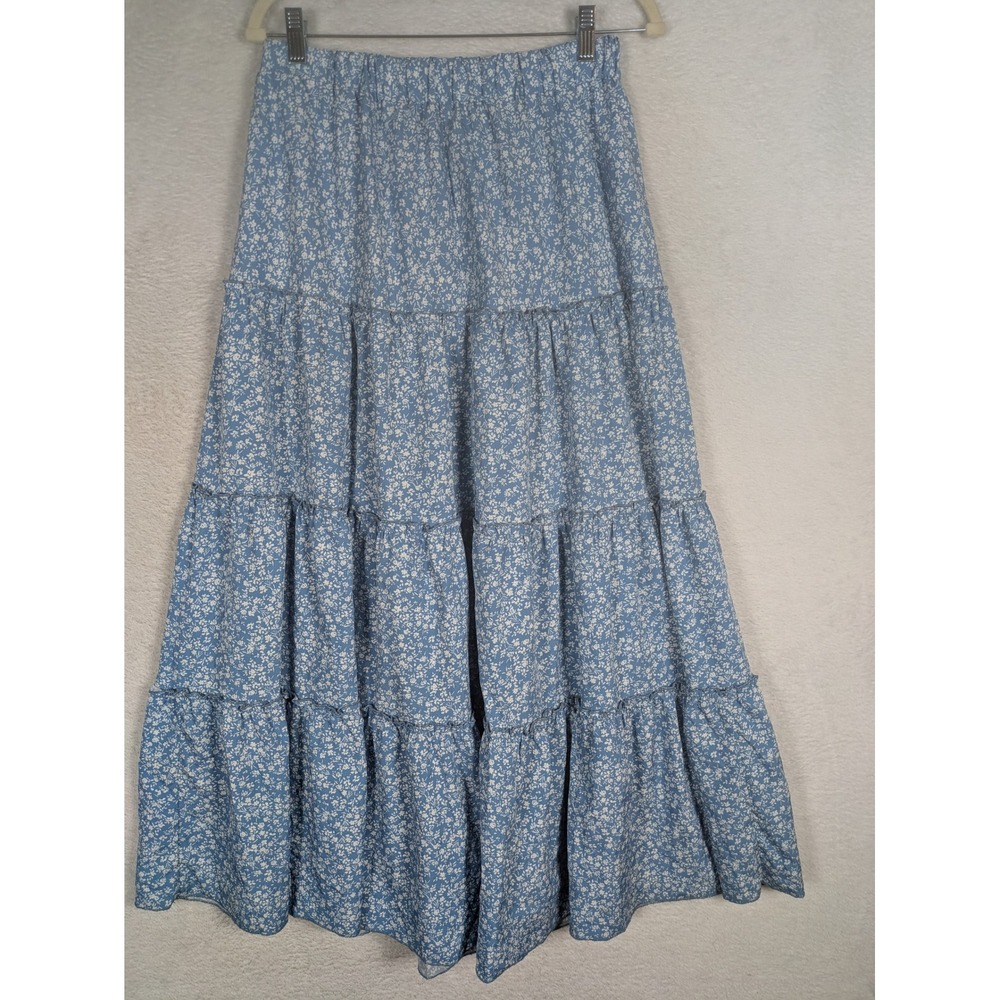 Unbranded Maxi Skirt Women's Large Blue Floral Tiered Boho Elastic Waist Flowy